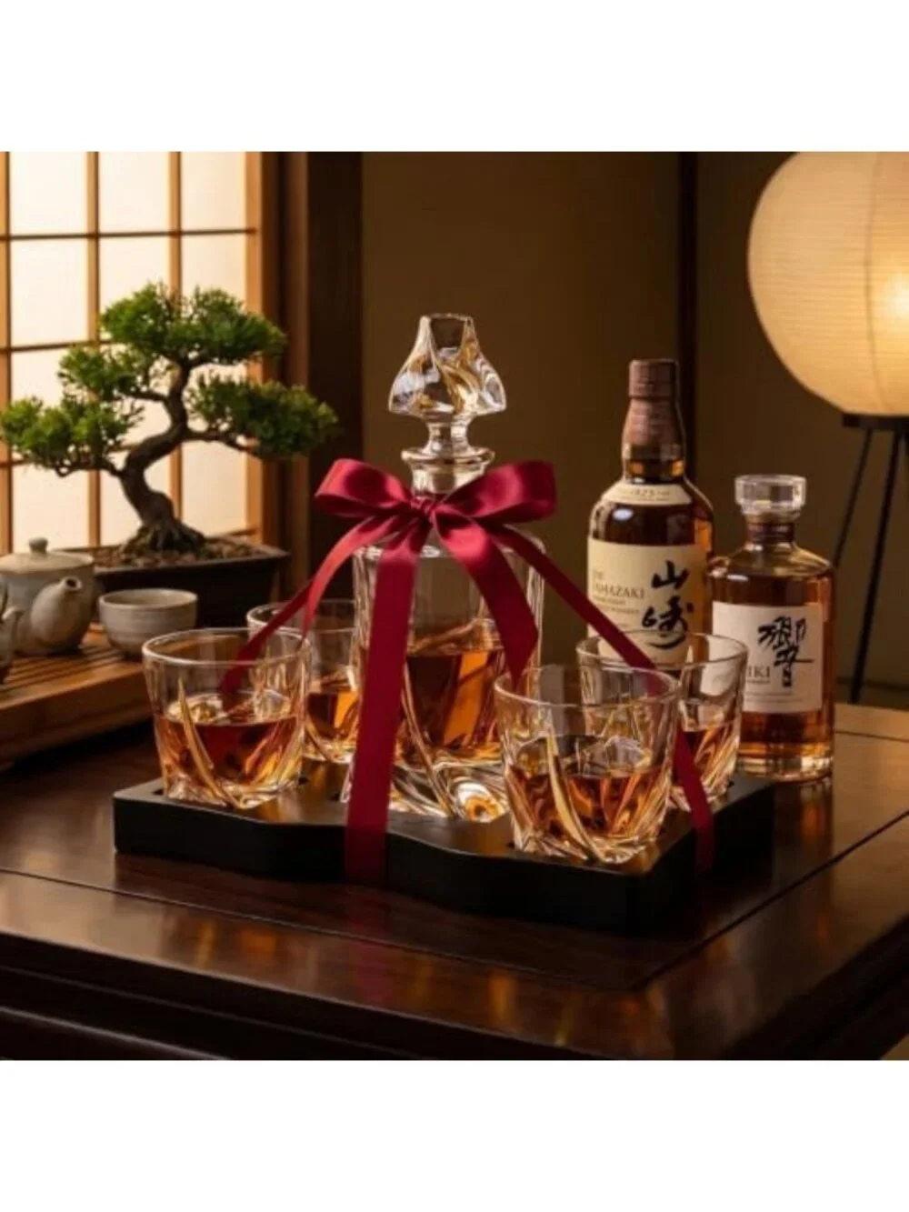 Elegant Japanese Crystal Whisky Decanter Set with 4 Tumbler Glasses - Lead-Free